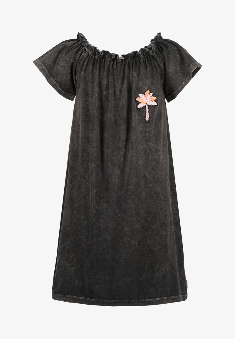 Robe noire à manches courtes avec encolure froncée et petite broderie d'un palmier rose et orange sur le côté gauche de la poitrine.