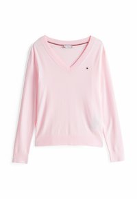 Maglione a maniche lunghe rosa con scollatura a V. Realizzato in tessuto leggero con una texture liscia. Presenta un piccolo logo sul petto e polsini a coste.