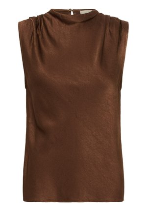Top bej fără mâneci, realizat dintr-un material lucios, având un gât înalt și o ușoară detaliere prin pliere, cu un mic sistem de închidere la spate cu nasture.