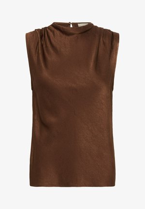 Brun ærmeløs top lavet af glinsende stof, med høj halsudskæring og subtile draperingsdetaljer samt en lille knaplukning bagpå.