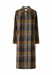 Abrigo de mezcla de lana con estampado de cuadros que presenta un collar, mangas largas, botones frontales y bolsillos laterales en patrones de color marrón, beige, gris, azul y rojo.