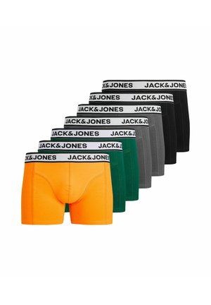Syv par boxershorts til mænd i orange, grøn, grå og sort med hvide linninger, der viser "JACK&JONES" logo.