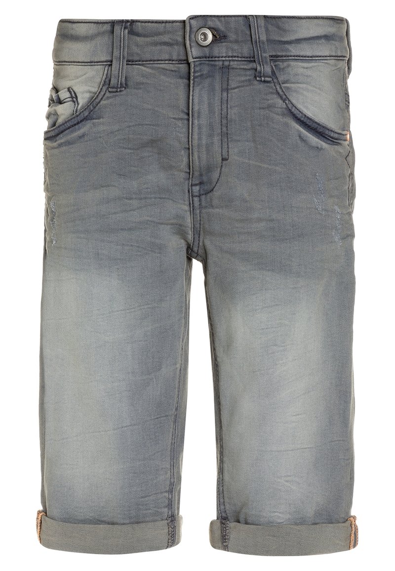 Svetle modré denimové kraťasy s výrazným odřením, ohrnutými manžetami, pěti kapsami a knoflíkovým zapínáním. Hladká textura s jemnými detaily blednutí.