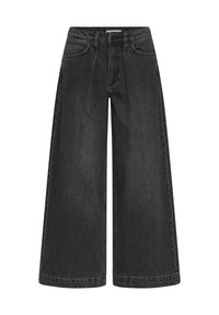 Jeans neri a gamba larga con vita alta, caratterizzati da pieghe frontali, design classico a cinque tasche e dettagli di cuciture sottili.