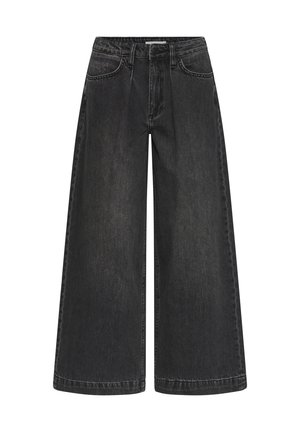 Jeans neri a gamba larga con vita alta, caratterizzati da pieghe frontali, design classico a cinque tasche e dettagli di cuciture sottili.