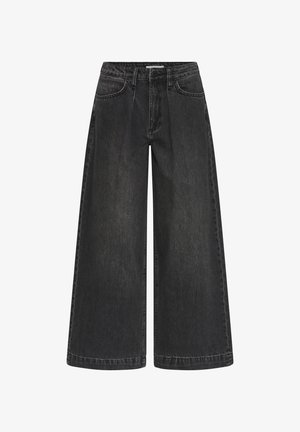 Jeans neri a gamba larga con vita alta, caratterizzati da pieghe frontali, design classico a cinque tasche e dettagli di cuciture sottili.