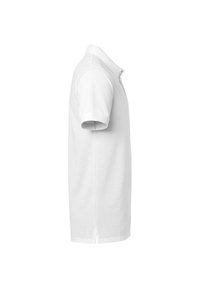 Witte polo-shirt met korte mouwen, zijwaarts getoond, met een kraag en een kleine zijopening aan de zoom.