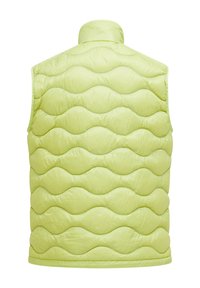 Hellgrüne Steppweste mit Wellenmuster. Verfügt über einen hohen Kragen, ärmelloses Design und gesteppte Textur zur Isolierung.