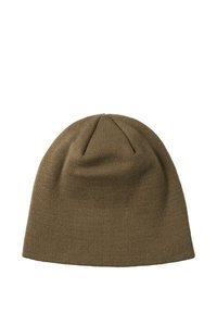 Oliwkowa wełniana czapka beanie o gładkiej teksturze, zaokrąglonym czubku i dopasowanym kroju. Prosty design bez widocznych wzorów czy akcentów.
