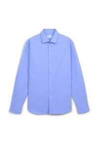 Camicia azzurro chiaro a maniche lunghe con bottoni in un tessuto testurizzato. Presenta un colletto classico e chiusura con bottoni lungo la parte anteriore.