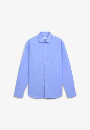 Camicia azzurro chiaro a maniche lunghe con bottoni in un tessuto testurizzato. Presenta un colletto classico e chiusura con bottoni lungo la parte anteriore.