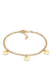 Bracciale in metallo dorato con design a catena, caratterizzato da tre pendenti piatti e circolari distribuiti uniformemente lungo la lunghezza. Chiusura a moschettone.