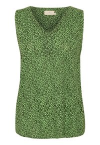 Blusa verde sin mangas con escote en V, estampado de pequeñas flores negras y ligeros pliegues en el frente, etiqueta de talla 38 dentro del cuello.
