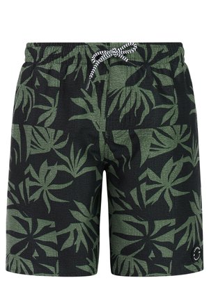Donkergroene zwembroek met zwart tropisch bladerenpatroon en zwart-witte trekkoord aan de elastische tailleband.