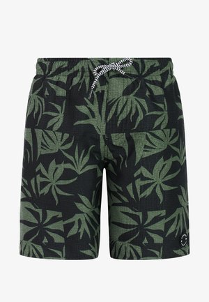Donkergroene zwembroek met zwart tropisch bladerenpatroon en zwart-witte trekkoord aan de elastische tailleband.