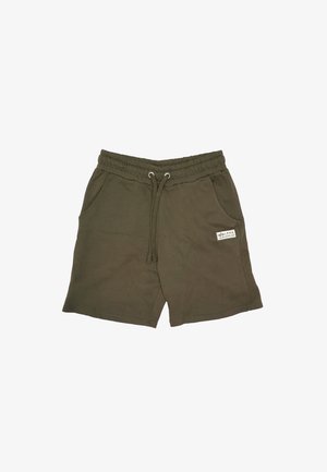 Olive green casual shorts with elastic waistband, drawstring, side pockets, and a small white Alpha Industries logo patch on right pocket.