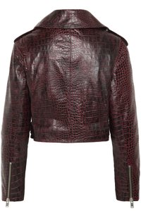 Crocodile-embossed burgundy leather jacket with a cropped design, wide collar, and silver zipper detailing on sleeves.