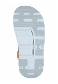 White rubber shoe sole with textured grip, featuring multiple tread patterns and a raised logo, designed for traction and durability.