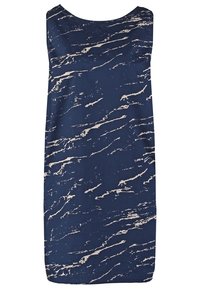 Námorně modré bezrukávové šaty z hladkého materiálu, s vlnitým krémovým vzorem. Jednoduchý rovný střih, délka ke kolenům a kulatý výstřih.