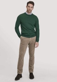 Grüner Wollpullover mit Rundhalsausschnitt kombiniert mit hellbraunen Cordhosen. Strukturierter Stoff, schlanker Schnitt und kontrastierender Kragen des Hemdes.