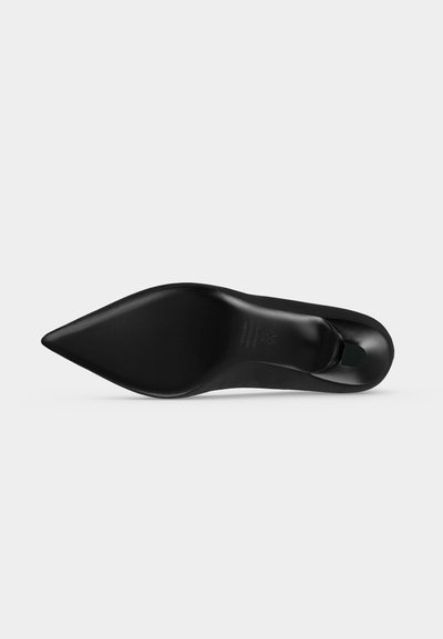 Semelle de chaussure à talon haut noire à bout pointu vue de dessus sur un fond clair uni.