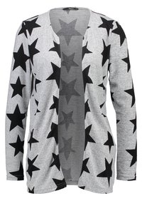 Cardigan grigio con un motivo a stelle nere, apertura frontale, maniche lunghe e un materiale morbido e testurizzato. Design leggero adatto per essere indossato a strati.