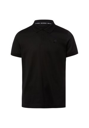 Black short-sleeve polo shirt with collar and three-button placket, featuring a subtle embossed logo on the left chest under the collar.