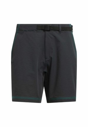 Pantaloni corti grigi scuri realizzati in tessuto leggero, con una cintura nera, tasche laterali e dettagli di cucitura turchese.