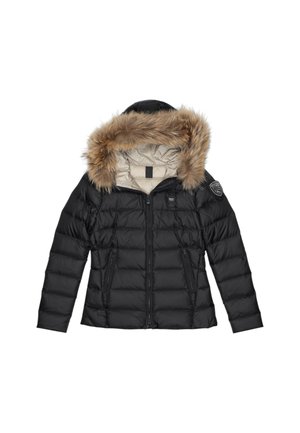 Giubbotto antivento nero con cappuccio foderato in pelliccia sintetica, chiusura con zip, due tasche laterali e design trapuntato. L'interno presenta una fodera beige.