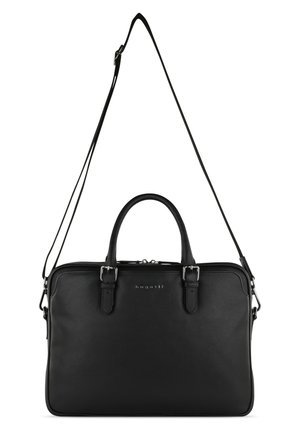 Black leather messenger bag with double handles and a detachable strap. Smooth texture, rectangular shape, featuring silver-tone hardware accents.