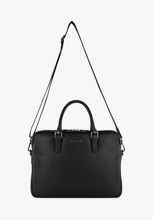 Black leather messenger bag with double handles and a detachable strap. Smooth texture, rectangular shape, featuring silver-tone hardware accents.