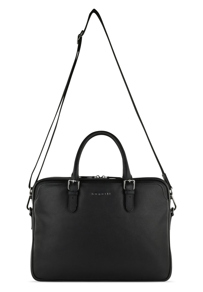 Zwarte leren schoudertas met dubbele handgrepen en een afneembare schouderband. Gladde textuur, rechthoekige vorm, met zilverkleurige hardwareaccenten.