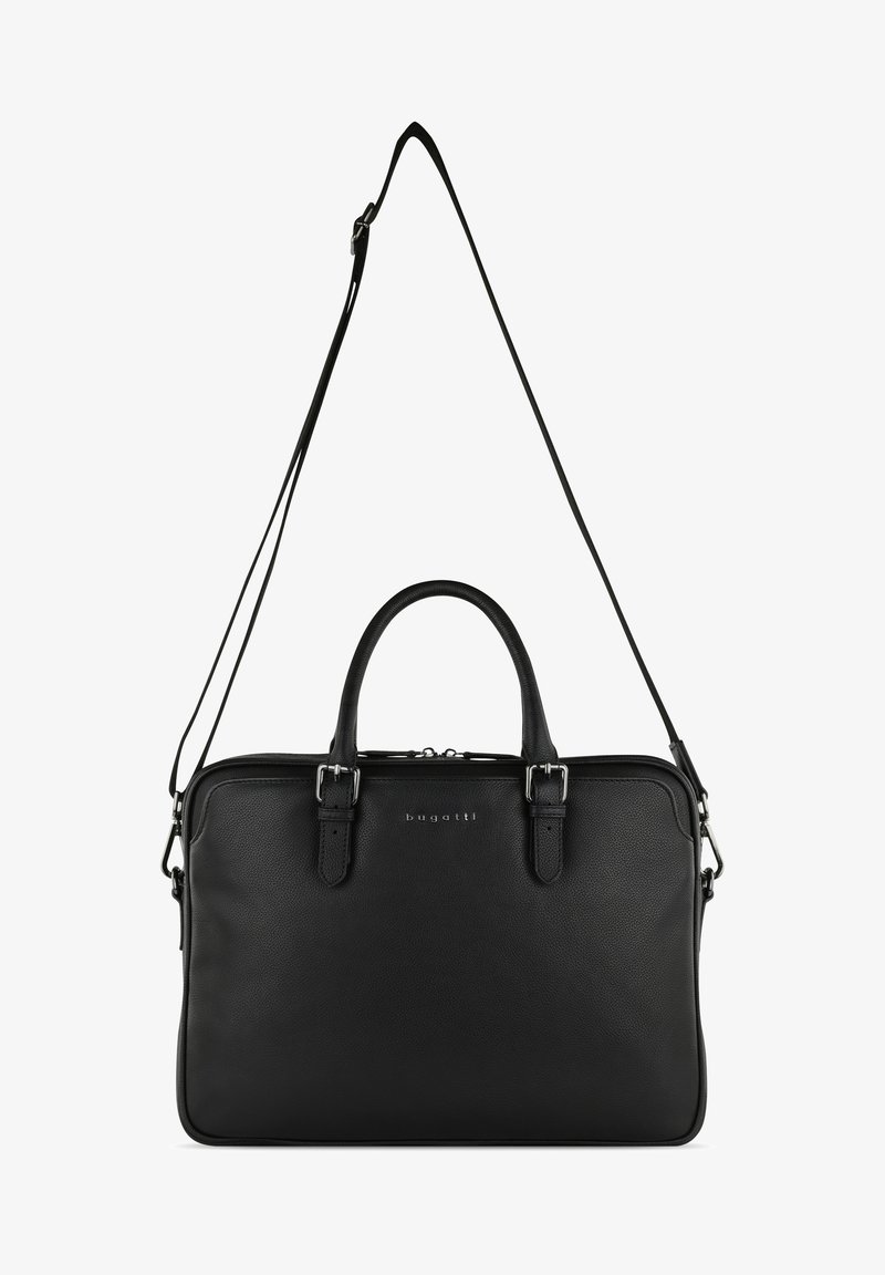 Zwarte leren schoudertas met dubbele handgrepen en een afneembare schouderband. Gladde textuur, rechthoekige vorm, met zilverkleurige hardwareaccenten.