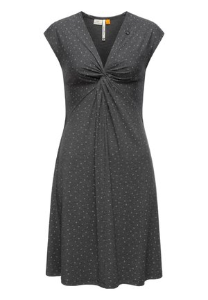 Ciemnoszara sukienka z krótkimi rękawkami typu czapeczka, marszczonym detalem w talii i małymi białymi kropeczkami na całej tkaninie. Miękki, teksturowany materiał.