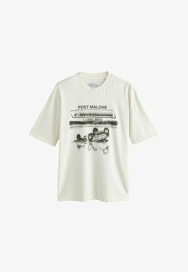 White oversized T-shirt with black graphic of an upside-down truck, "POST MALONE LONG BED" text, and a long truck bed emblem.
