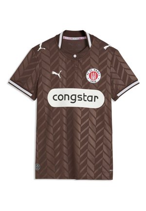 Maillot de football marron du FC St. Pauli avec motif chevron, logos Puma blancs sur la poitrine et les manches, et étiquette sponsor Congstar blanche sur le devant.