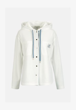 Jachetă albă cu glugă, șnururi albastre, capse în față, două buzunare la piept și logo brodat „LL” pe buzunarul stâng.