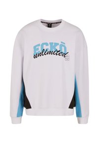 Felpa bianca con accentuazioni blu e nere. Presenta una grafica "ECKÕ unlimited" in blu e nero, polsini a coste e scollatura a girocollo.