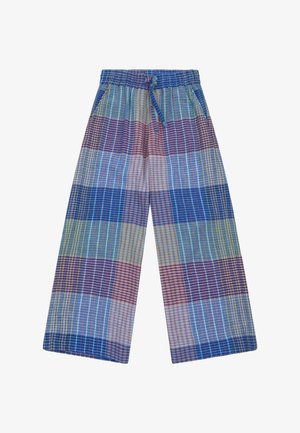 Losse broek met een meerkleurig geruit patroon, elastische tailleband en trekkoord, met zijzakken.