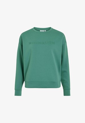 Sweatshirt vert à col rond avec des manches longues et "MINIMALISM" brodé sur le devant dans un fil assorti.