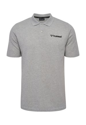 Grå polo-shirt lavet af bomuldsblanding med to-knap lukning og korte ærmer. Har et sort "hummel" logo på venstre bryst.