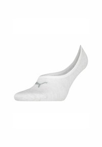 Ein Paar weiße, unsichtbare Socken mit grauem Puma-Logo auf der Zehe, entworfen für niedrig geschnittene Schuhe.