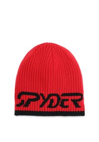 Rode gebreide muts met een zwart "SPYDER" logo, geribbelde textuur en een contrasterende zwarte band onderaan.