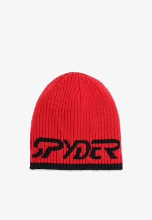Rote gestrickte Mütze mit einem schwarzen "SPYDER"-Logo, geripptem Muster und einem kontrastierenden schwarzen Band am unteren Ende.