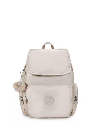 Light beige backpack made of smooth fabric, featuring a front zippered pocket, logo emblem, and detachable furry charm keychain.
