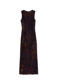 Sleeveless dark purple maxi dress with a floral pattern in brown, orange, and black, featuring gathered draping at the front.