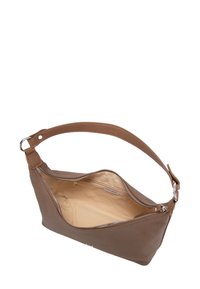 Borsa a tracolla in pelle marrone con zip argentata, aperta per mostrare l'interno in tessuto beige e una piccola tasca interna.