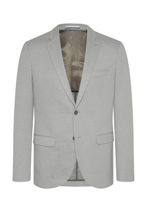 Hellgrauer Blazer mit aufgesetztem Revers, Zwei-Knopf-Verschluss und zwei Fronttaschen. Glatte Textur mit kontrastierendem Satinfutter.