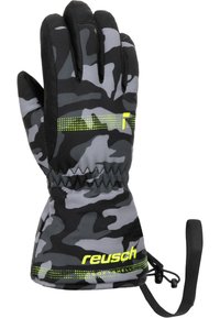Tarnhandschuh für den Winter in Schwarz, Grau und Lautgrün. Verfügt über ein Softshell-Material, einen elastischen Bund und einen verstellbaren Handgelenkriemen mit Beschlägen.