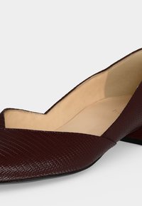 Chaussure en cuir marron foncé texturé avec un petit talon, un bout pointu et une doublure intérieure beige sur fond clair.
